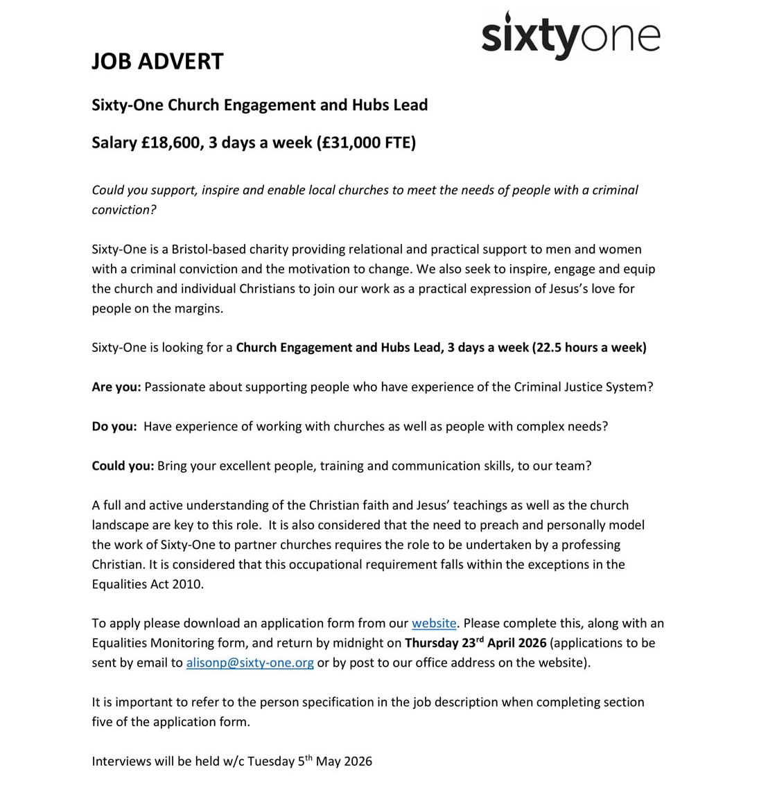 ADVERT Sixty-One Church Engage