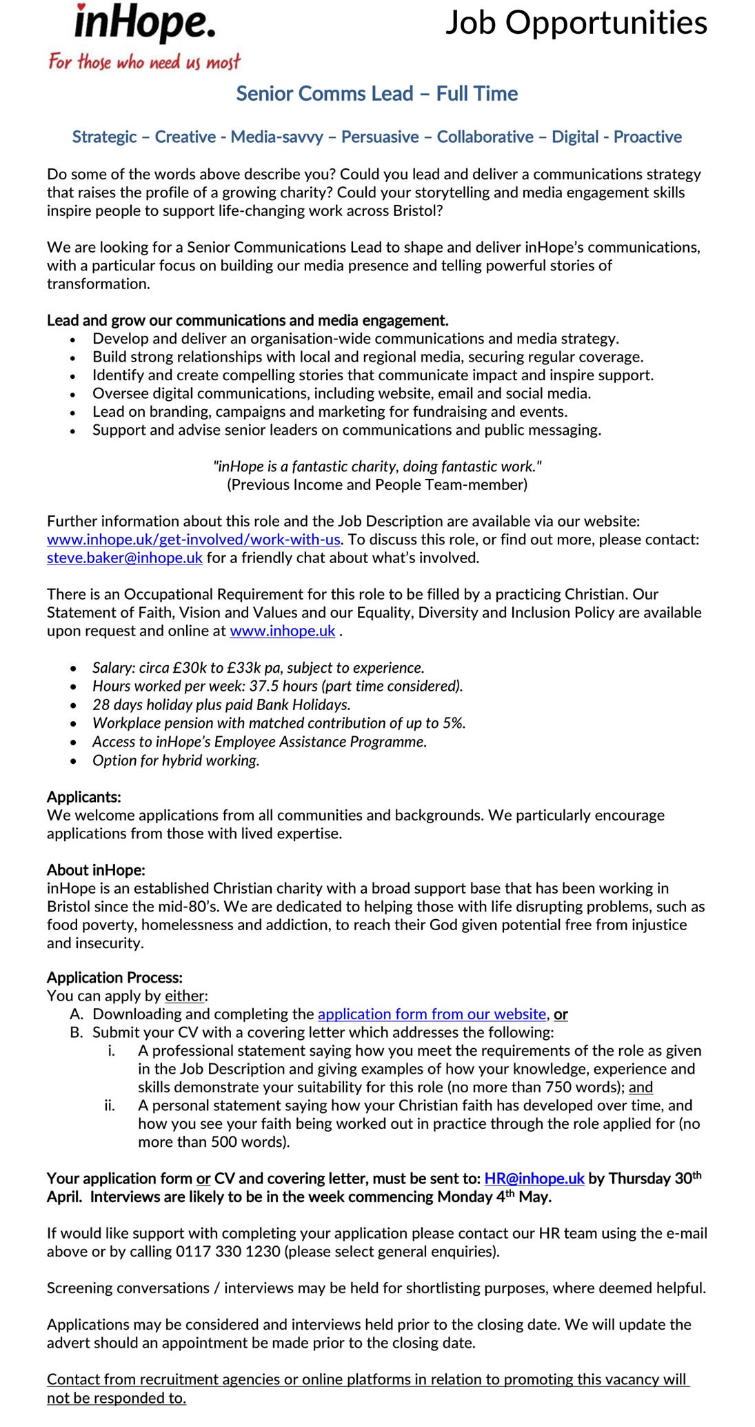 Senior Comms Lead - Advert 260