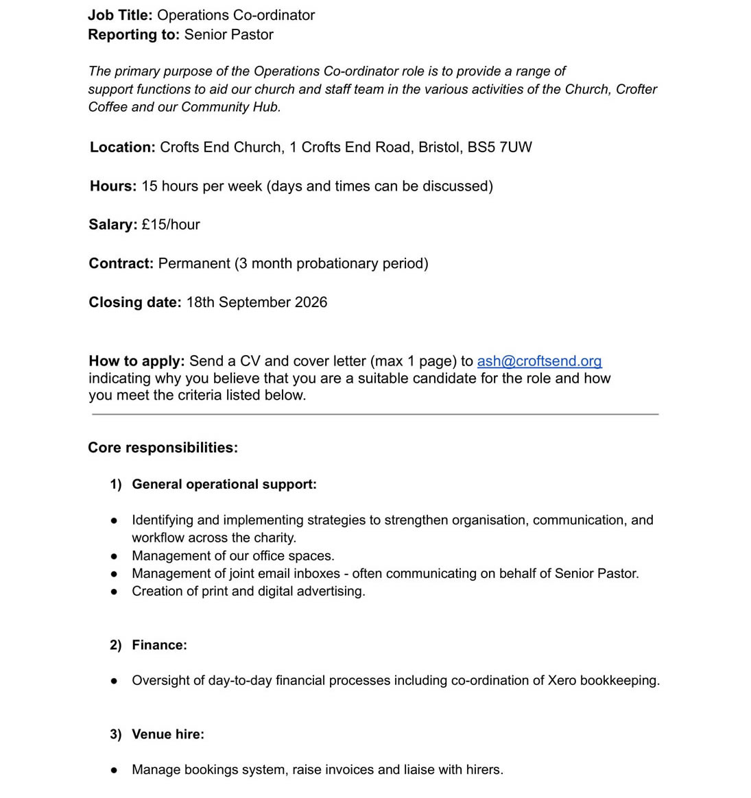 CEC Operations Co-Ordinator ad